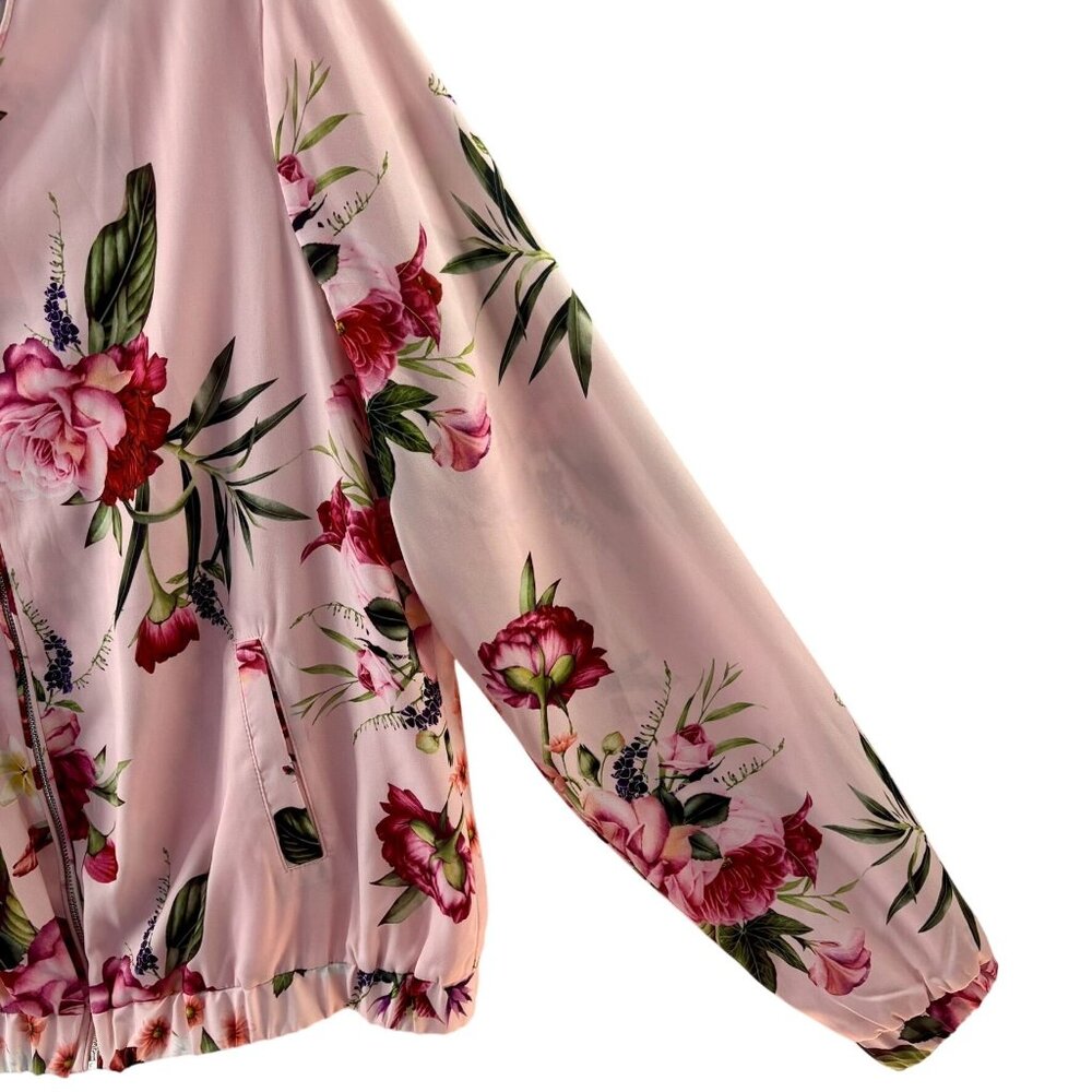 Charlie B Floral Bomber Jacket Pink With Zipper Front & Elastic Hem Lightweight - Picture 7 of 16